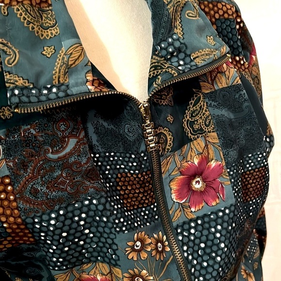Floral Vintage Zip Up Golden Girls Green Jacket Shoulder Pads Women L - Picture 3 of 12